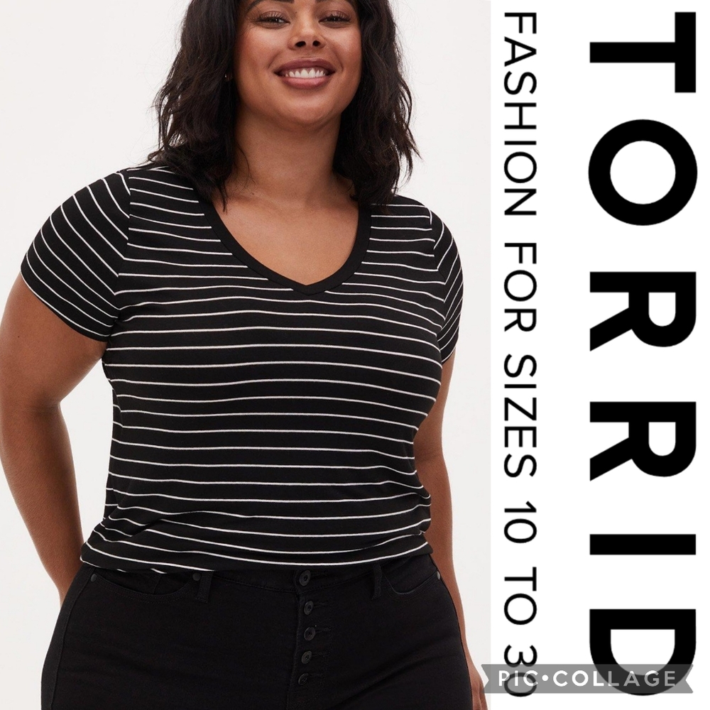 Torrid 1X Perfect Super Soft V-Neck Tee — Bright White Deep Black Stripe